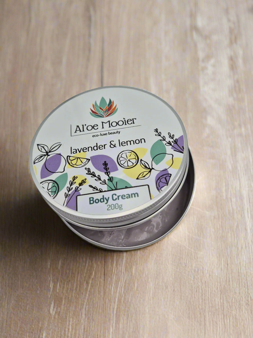 Aloe Mooier lavender & lemon body cream on a marble background